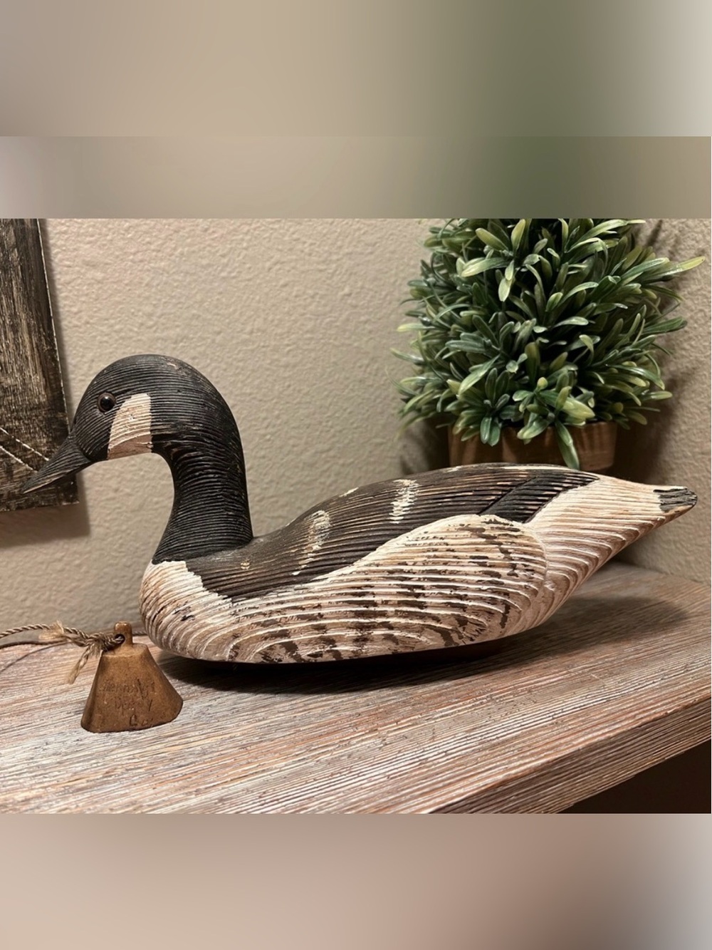 Hand-Carved Wooden Duck Decoy - Black & Cream
